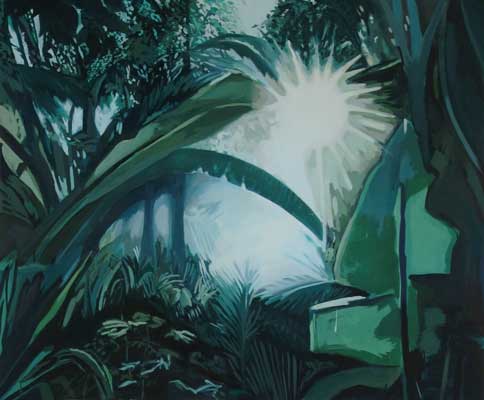 Das Licht bahnt sich seinen Weg durch die Dunkelheit eines fast mystischen Geflechts von Pflanzen aus fernen Regionen. Malerei Natur in Öl und Acryl auf Leinwand
